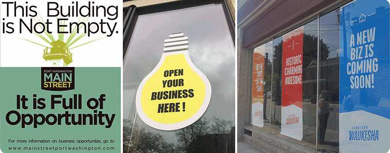 Examples of colorful signage in windows.