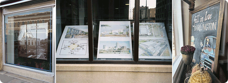Community information boards displayed in windows.