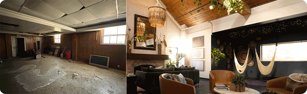 Before and after photos of Two Rivers Violet Inn.