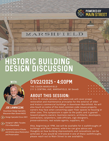 Flyer for historic building design discussion.