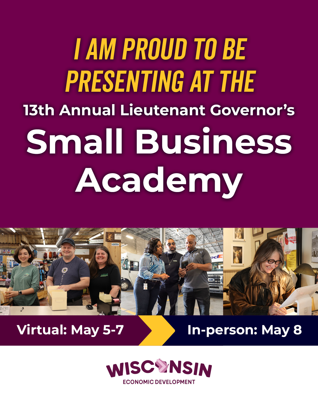 Graphic promoting small business academy. The text promotes an individual's participation in the academy. There are three photos of business owners also included in the graphic.