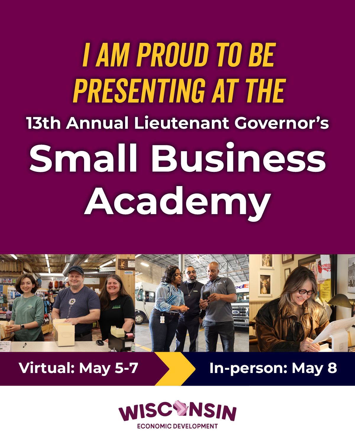 Graphic promoting small business academy. The text promotes individual's partcipation in the academy. There are three photos of business owerns also included in the graphic.