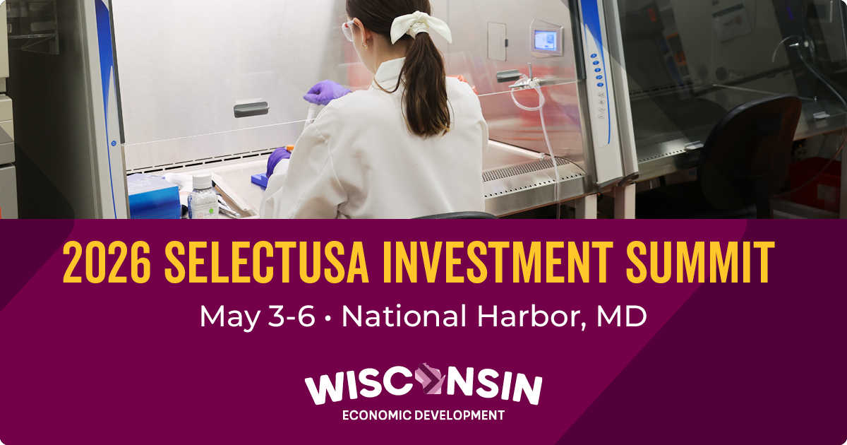 Graphic promoting the 2026 SelectUSA Investment Summit. Image shows a person working in a lab.