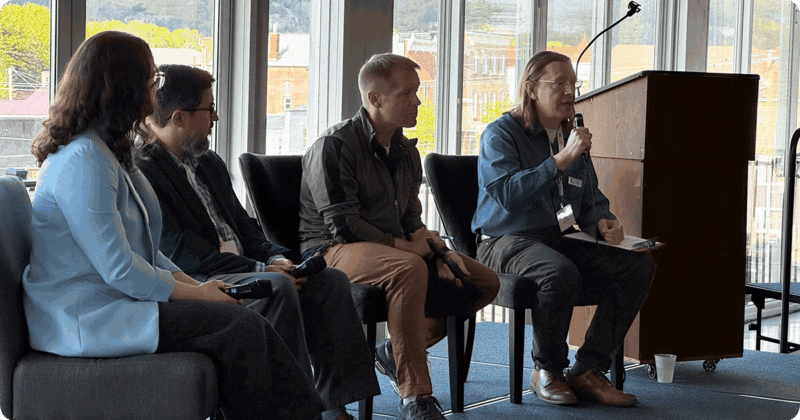 Members of Rural Voices hosted by WI Public Radio and PBS Wisconsin presenting to attendees. Including: Rob Ferrett, Co-host of Wisconsin Today, Hope Kirwan, Reporter, WI Public Radio, Rob Mentzer, Managing Editor, News, WI Public Radio, Steven Potter, Reporter, PBS Wisconsin.