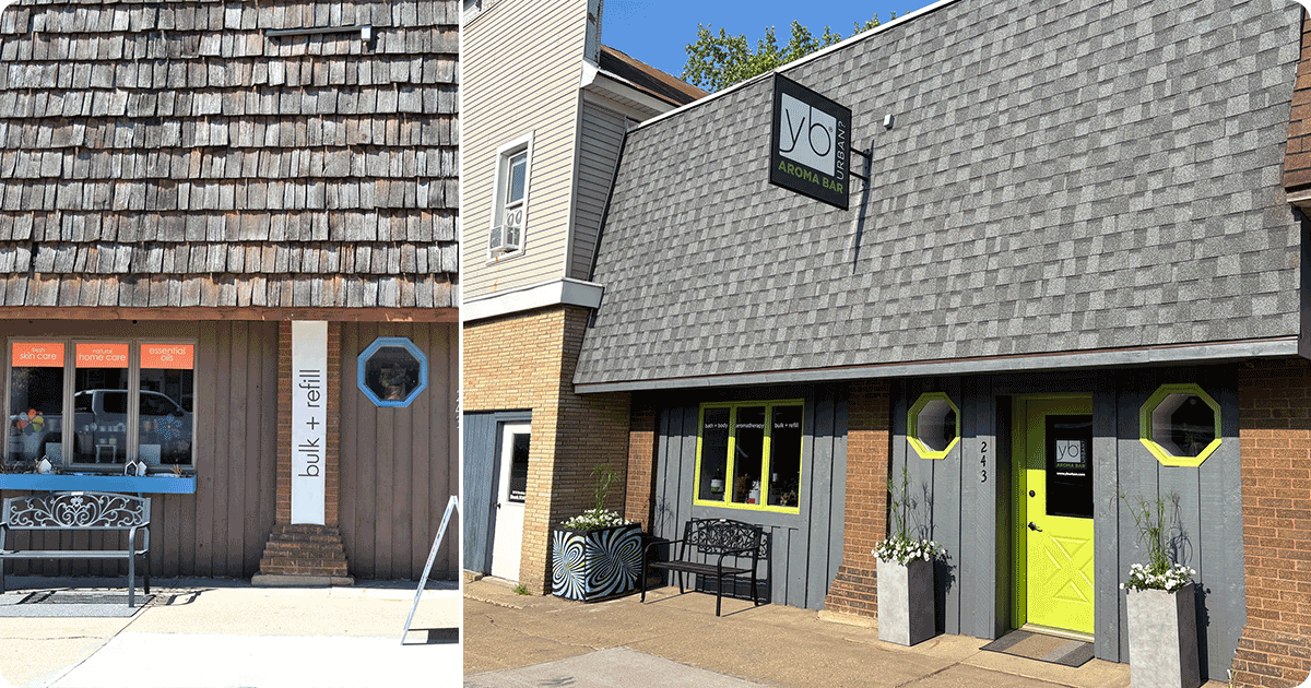 Before and after photos of the façade of YB Urban.
