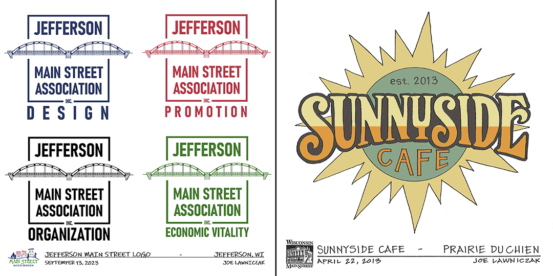 Logo designs for Jefferson Main Street Association and a café in Tomahawk.