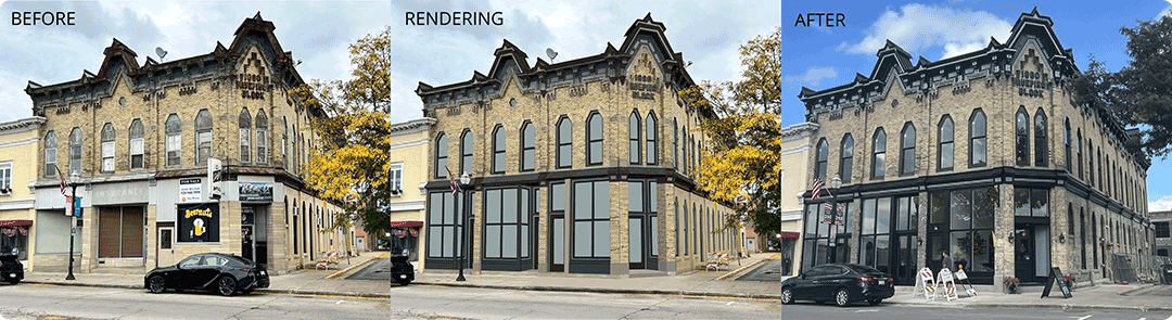 “Before” photo (left), Wisconsin Main Street rendering (center), and “after” photo (right) of the recently completed Rueping Block restoration in Fond du Lac.