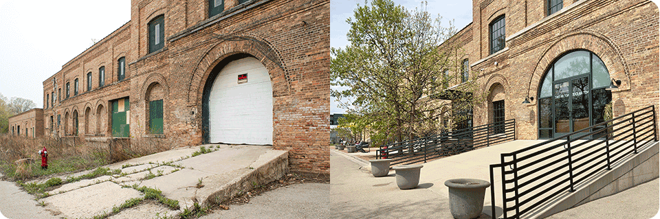 Before and after photo of exterior of Garver Feed Mill.
