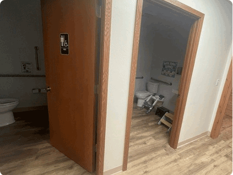 Wheelchair-accessible bathrooms at the newly remodeled Shine Bright on Main in Coleman.