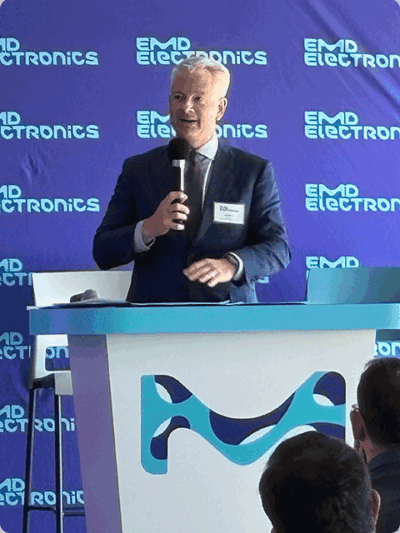 Sec. John Miller addresses the audience at EMD Electronics in Sheboygan Falls.